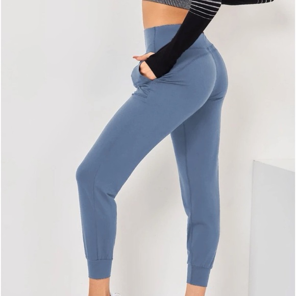 SHEIN breathable softness wide waistband slant pocket sport pants leggings blue - Picture 3 of 6